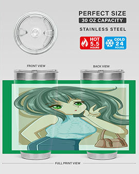 Anime tumbler featuring a cool girl with a fashion bag, made of stainless steel with vibrant colors.