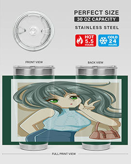 Anime tumbler featuring a cool girl with a fashion bag, made of stainless steel with vibrant colors.