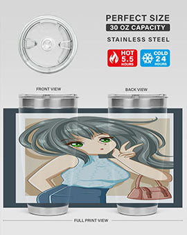 Anime tumbler featuring a cool girl with a fashion bag, made of stainless steel with vibrant colors.