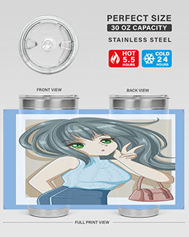 Anime tumbler featuring a cool girl with a fashion bag, made of stainless steel with vibrant colors.