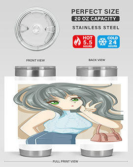 Anime tumbler featuring a cool girl with a fashion bag, made of stainless steel with vibrant colors.