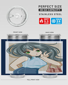 Anime tumbler featuring a cool girl with a fashion bag, made of stainless steel with vibrant colors.