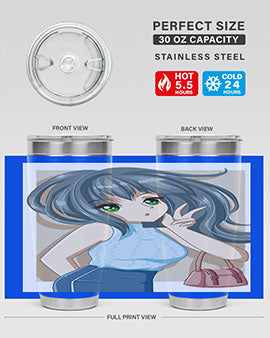 Anime tumbler featuring a cool girl with a fashion bag, made of stainless steel with vibrant colors.