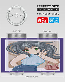 Anime tumbler featuring a cool girl with a fashion bag, made of stainless steel with vibrant colors.