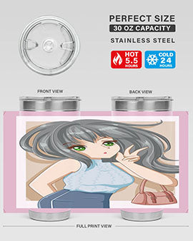 Anime tumbler featuring a cool girl with a fashion bag, made of stainless steel with vibrant colors.