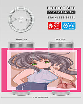Anime tumbler featuring a cool girl with a fashion bag, made of stainless steel with vibrant colors.