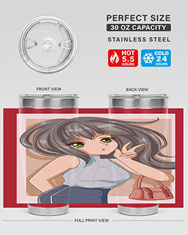 Anime tumbler featuring a cool girl with a fashion bag, made of stainless steel with vibrant colors.