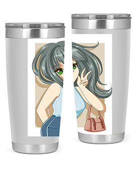 Anime tumbler featuring a cool girl with a fashion bag, made of stainless steel with vibrant colors.