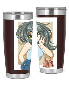 Anime tumbler featuring a cool girl with a fashion bag, made of stainless steel with vibrant colors.