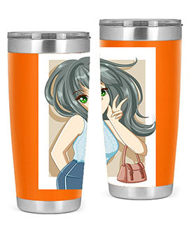 Anime tumbler featuring a cool girl with a fashion bag, made of stainless steel with vibrant colors.
