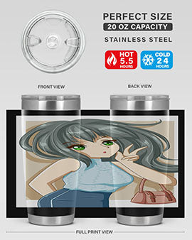 Anime tumbler featuring a cool girl with a fashion bag, made of stainless steel with vibrant colors.