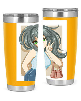 Anime tumbler featuring a cool girl with a fashion bag, made of stainless steel with vibrant colors.
