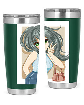 Anime tumbler featuring a cool girl with a fashion bag, made of stainless steel with vibrant colors.