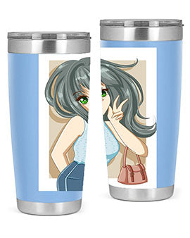Anime tumbler featuring a cool girl with a fashion bag, made of stainless steel with vibrant colors.