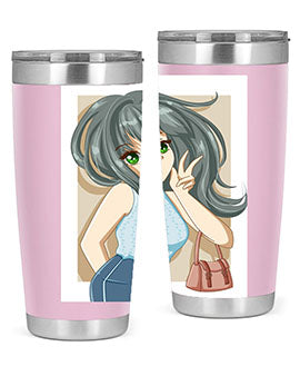 Anime tumbler featuring a cool girl with a fashion bag, made of stainless steel with vibrant colors.