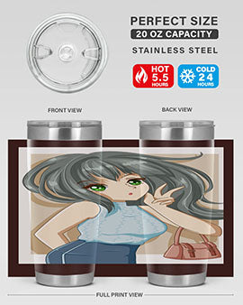Anime tumbler featuring a cool girl with a fashion bag, made of stainless steel with vibrant colors.