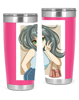 Anime tumbler featuring a cool girl with a fashion bag, made of stainless steel with vibrant colors.