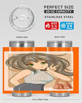 Anime tumbler featuring a cool girl with a fashion bag, made of stainless steel with vibrant colors.