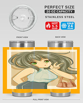 Anime tumbler featuring a cool girl with a fashion bag, made of stainless steel with vibrant colors.