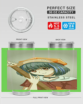 A stylish tumbler featuring a cool rockstar woman with a guitar design, made of stainless steel with a drink-thru lid.