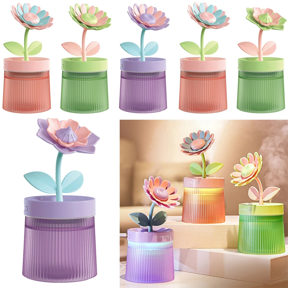 Cool Mist Humidifier with 7 Color LED Light and two mist modes, featuring a cute flower design and portable USB functionality.