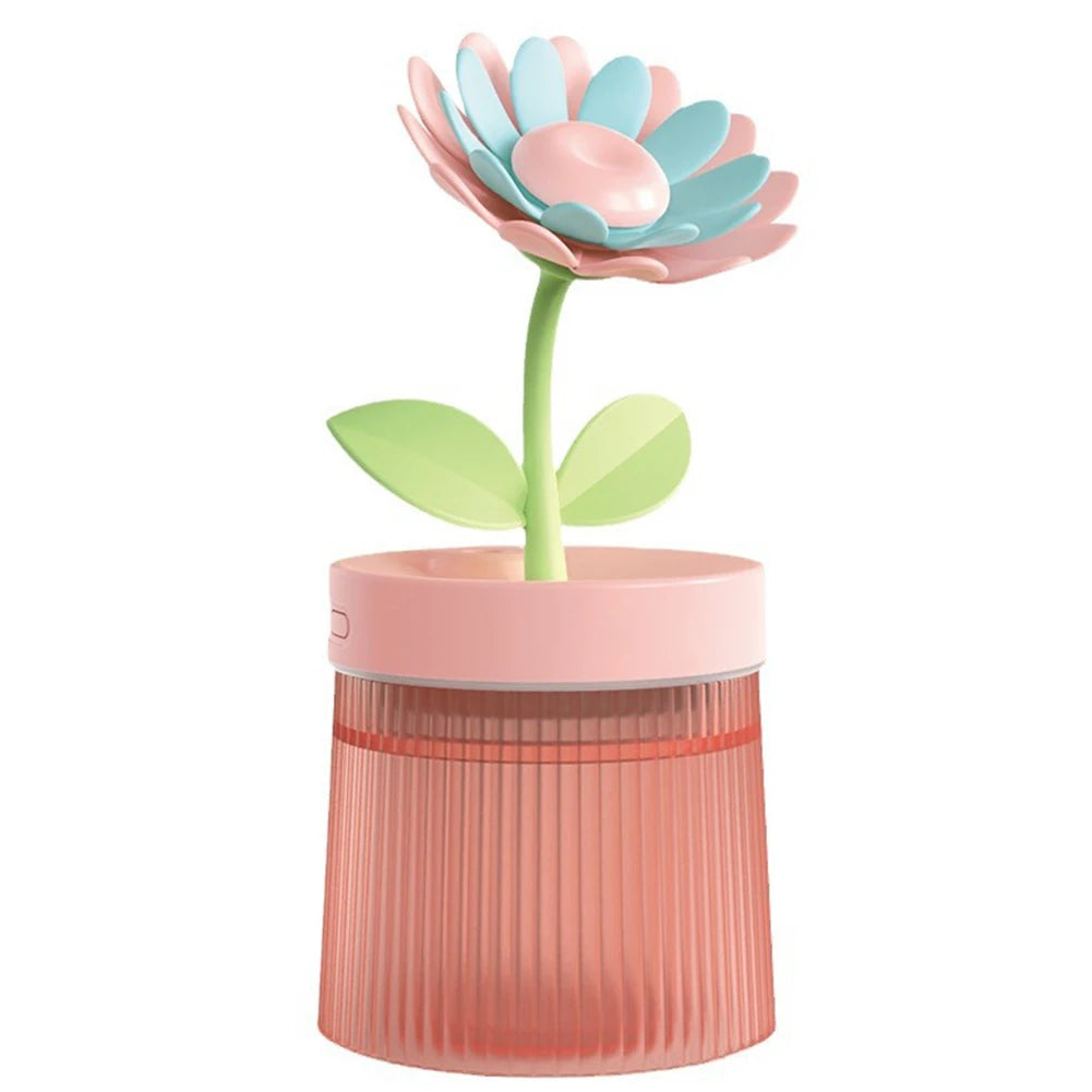 Cool Mist Humidifier with 7 Color LED Light and two mist modes, featuring a cute flower design and portable USB functionality.