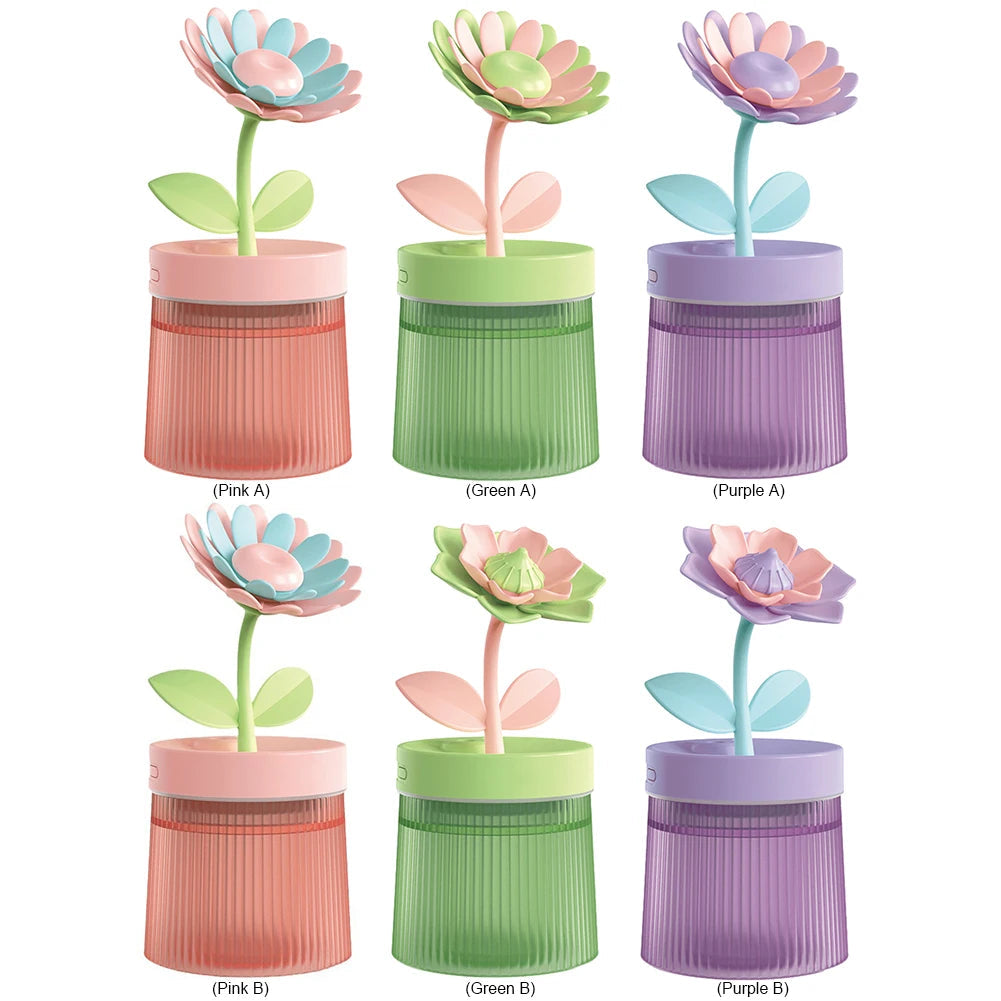 Cool Mist Humidifier with 7 Color LED Light and two mist modes, featuring a cute flower design and portable USB functionality.