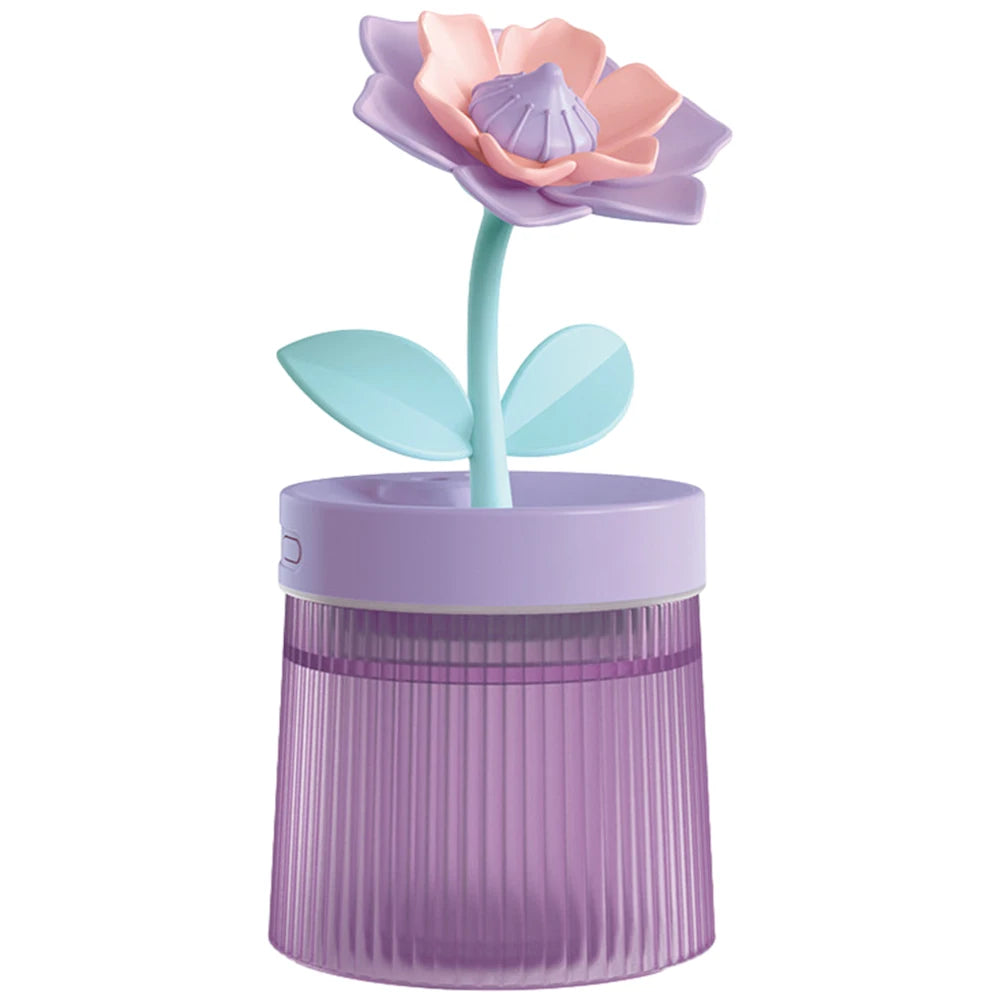 Cool Mist Humidifier with 7 Color LED Light and two mist modes, featuring a cute flower design and portable USB functionality.
