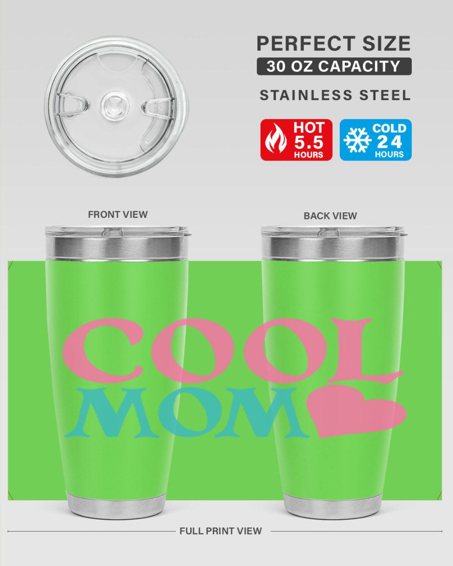 Cool Mom 349# Tumbler in stainless steel with a stylish design, featuring a press-in lid and double wall vacuum insulation.