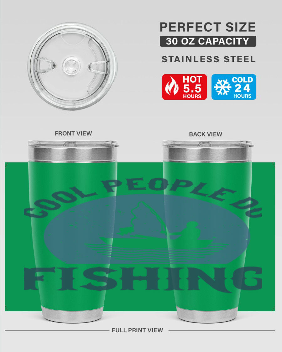 Cool People Do Fishing 170# Tumbler in stainless steel with a vibrant fishing-themed design, perfect for hot and cold beverages.