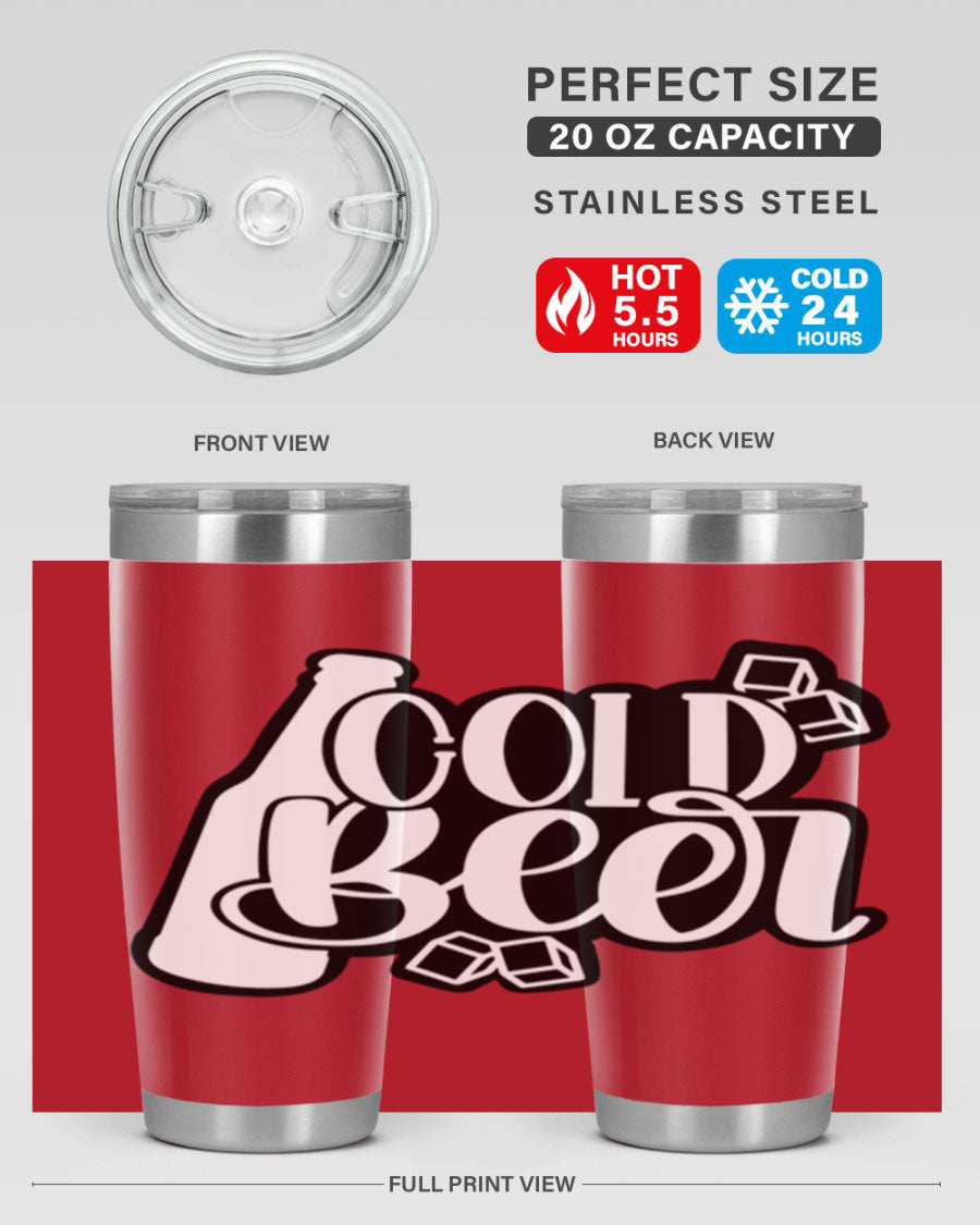Cold Beer 42# 20oz tumbler made of stainless steel with a copper lining, featuring a press-in drink-thru lid, ideal for keeping drinks hot or cold.