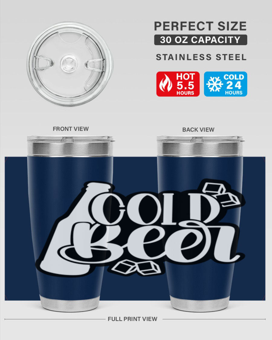 Cold Beer 42# 20oz tumbler made of stainless steel with a copper lining, featuring a press-in drink-thru lid, ideal for keeping drinks hot or cold.