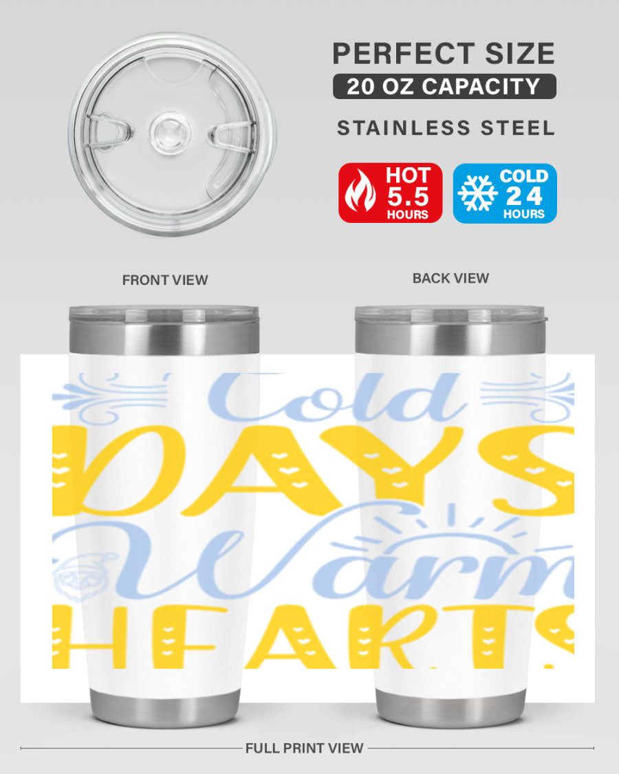 Cold Days Warm Hearts 20oz and 30oz stainless steel tumblers with copper lining, showcasing their sleek design and drink-thru lid.