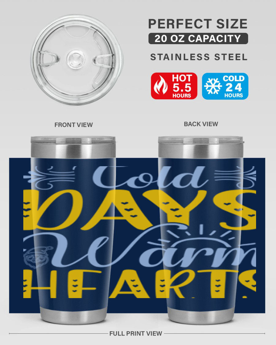 Cold Days Warm Hearts 20oz and 30oz stainless steel tumblers with copper lining, showcasing their sleek design and drink-thru lid.