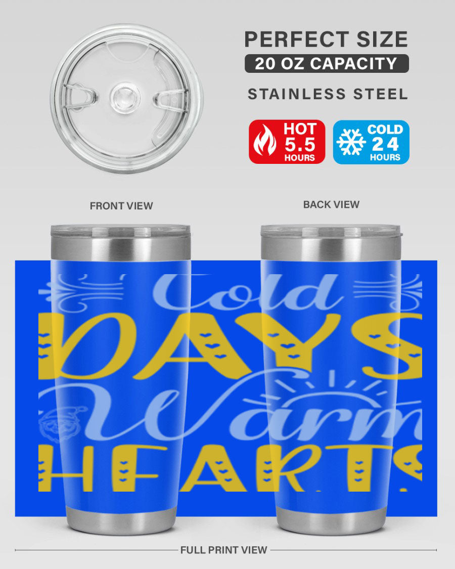 Cold Days Warm Hearts 20oz and 30oz stainless steel tumblers with copper lining, showcasing their sleek design and drink-thru lid.