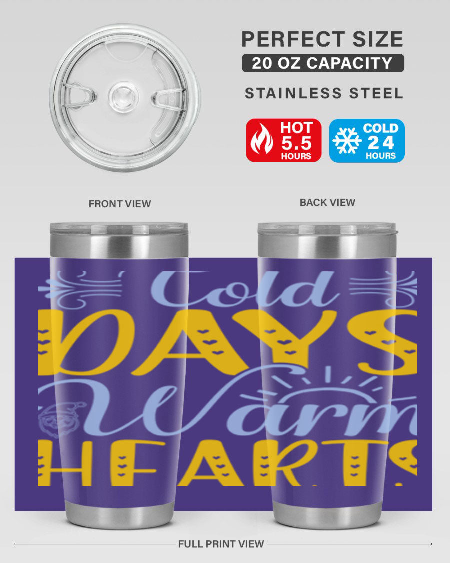 Cold Days Warm Hearts 20oz and 30oz stainless steel tumblers with copper lining, showcasing their sleek design and drink-thru lid.