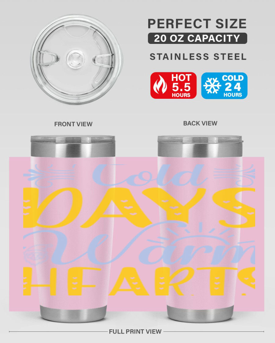 Cold Days Warm Hearts 20oz and 30oz stainless steel tumblers with copper lining, showcasing their sleek design and drink-thru lid.