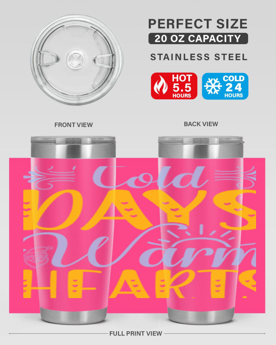 Cold Days Warm Hearts 20oz and 30oz stainless steel tumblers with copper lining, showcasing their sleek design and drink-thru lid.