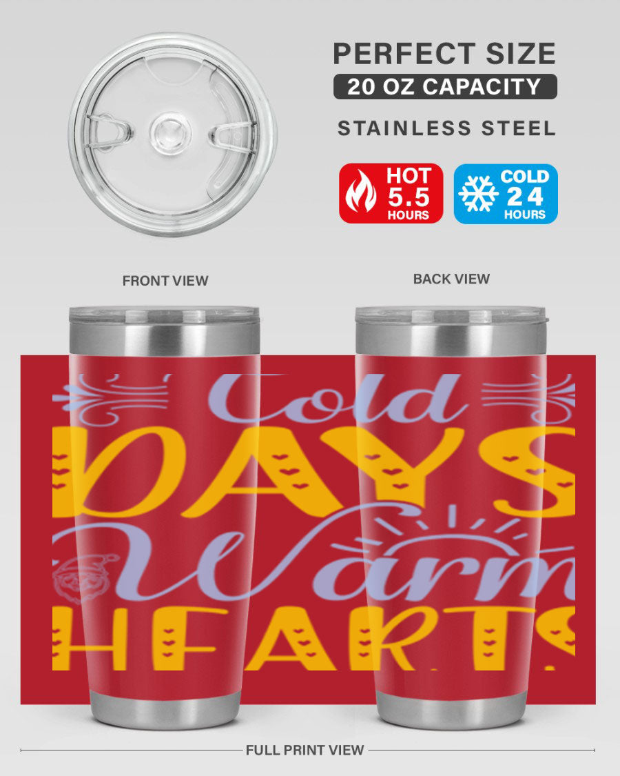 Cold Days Warm Hearts 20oz and 30oz stainless steel tumblers with copper lining, showcasing their sleek design and drink-thru lid.