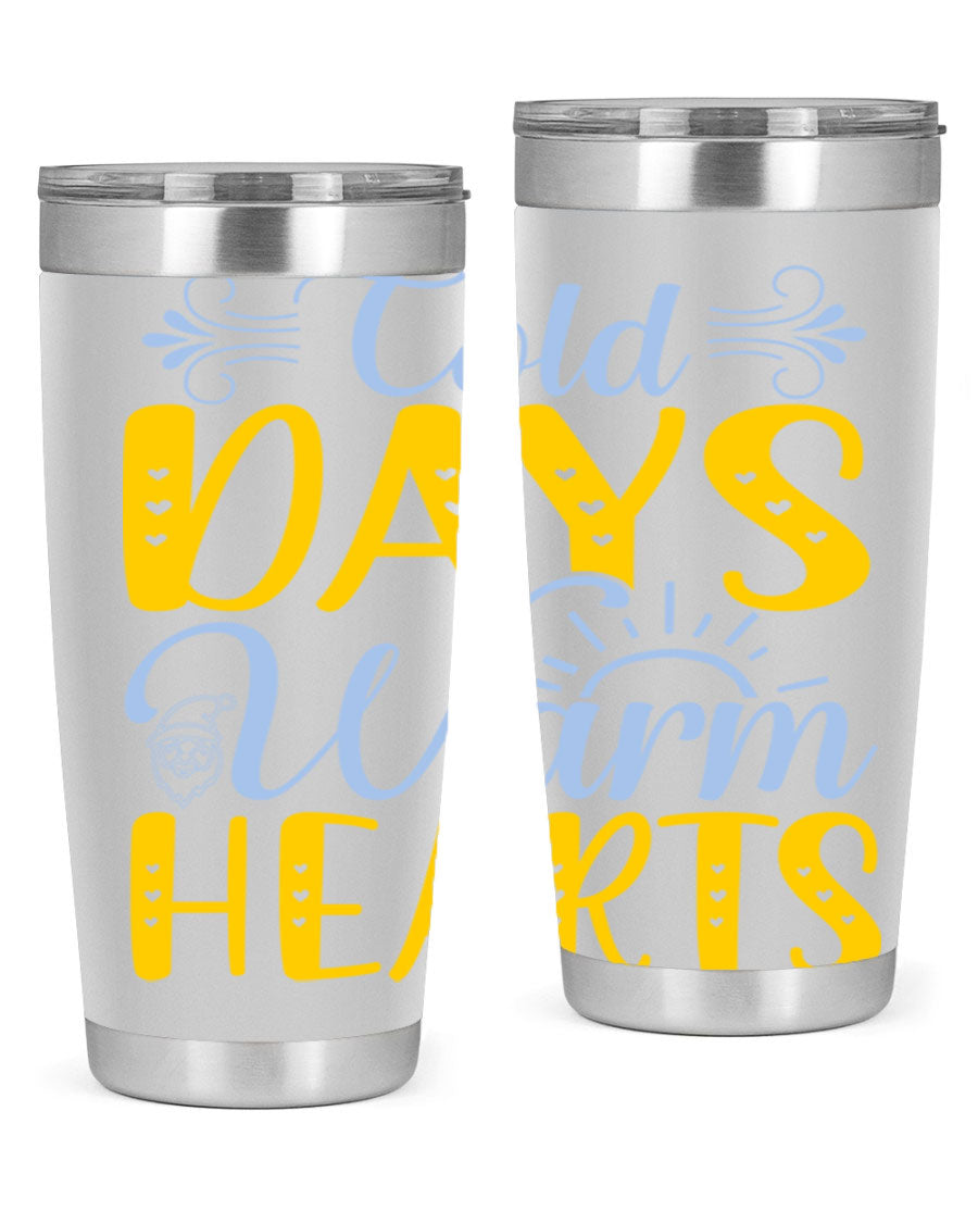 Cold Days Warm Hearts 20oz and 30oz stainless steel tumblers with copper lining, showcasing their sleek design and drink-thru lid.