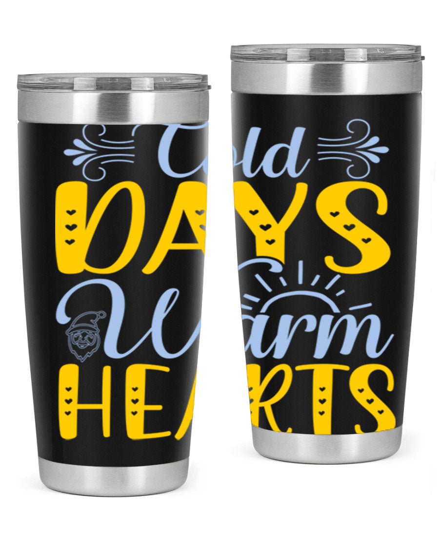 Cold Days Warm Hearts 20oz and 30oz stainless steel tumblers with copper lining, showcasing their sleek design and drink-thru lid.