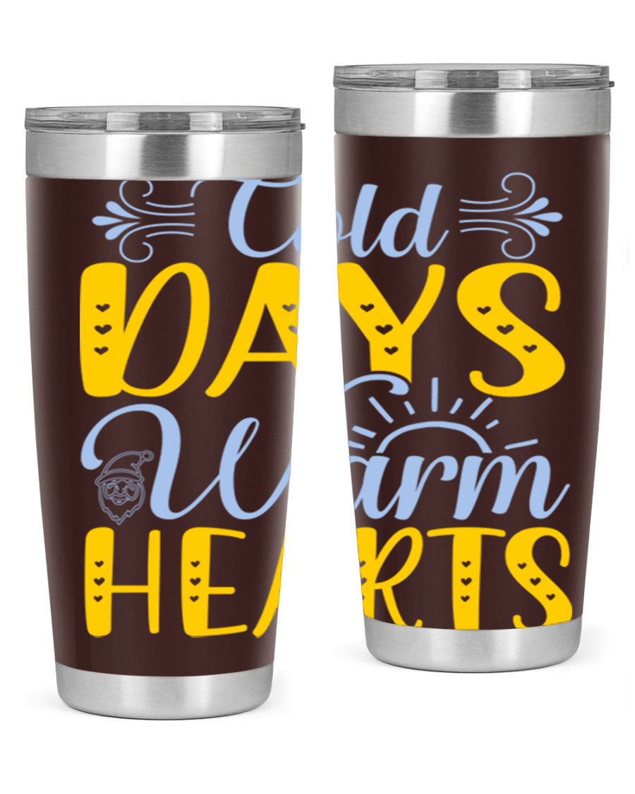 Cold Days Warm Hearts 20oz and 30oz stainless steel tumblers with copper lining, showcasing their sleek design and drink-thru lid.