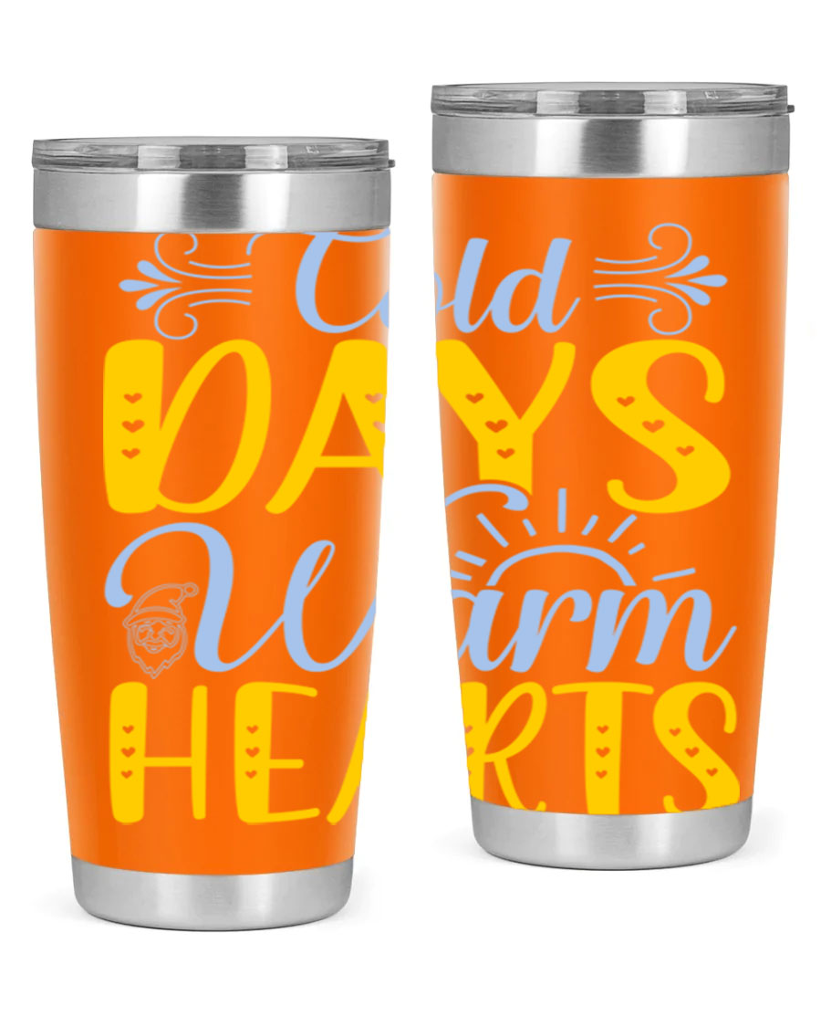Cold Days Warm Hearts 20oz and 30oz stainless steel tumblers with copper lining, showcasing their sleek design and drink-thru lid.