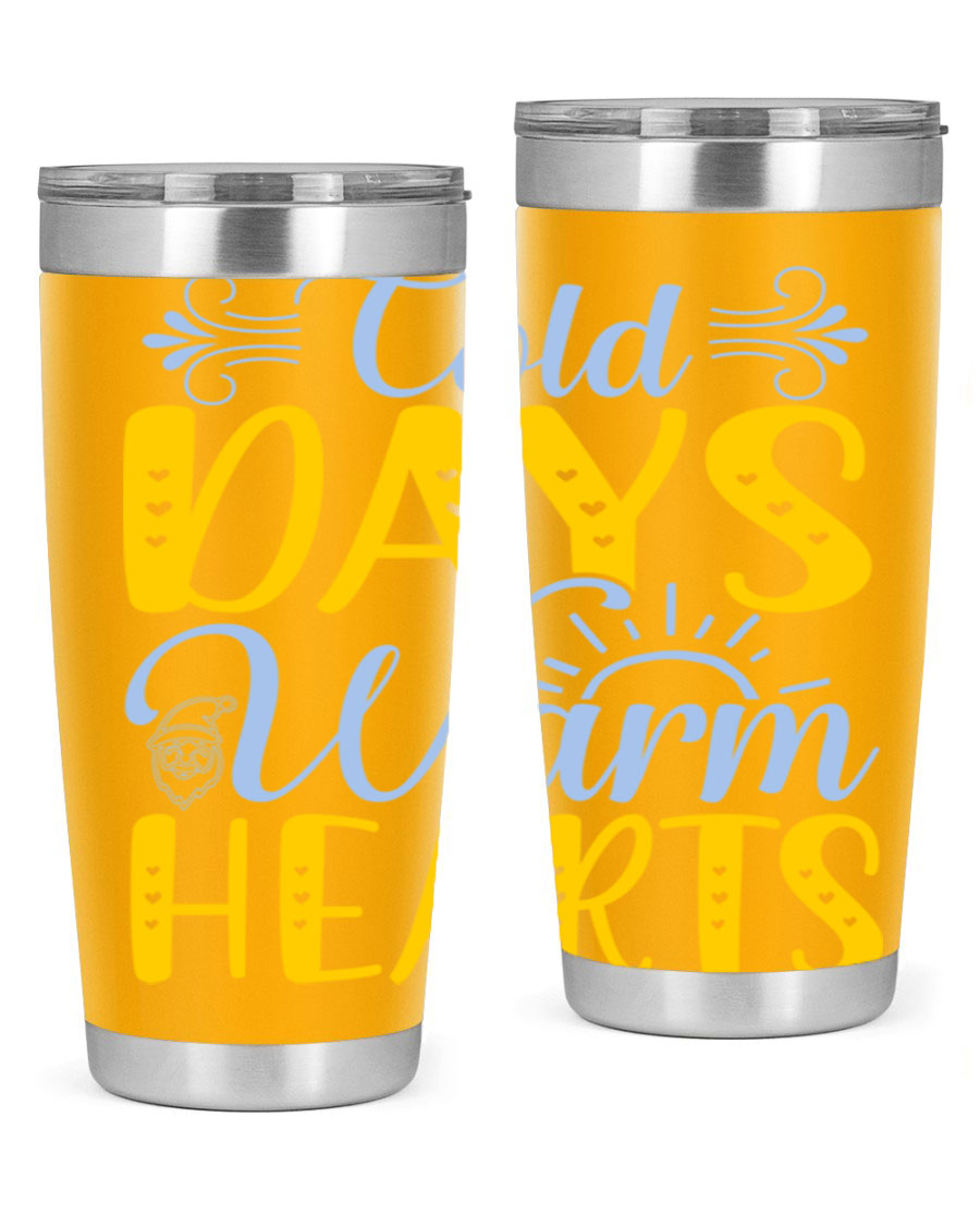 Cold Days Warm Hearts 20oz and 30oz stainless steel tumblers with copper lining, showcasing their sleek design and drink-thru lid.