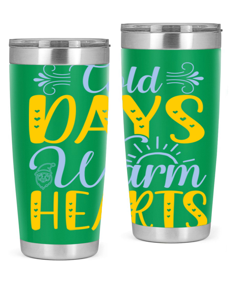 Cold Days Warm Hearts 20oz and 30oz stainless steel tumblers with copper lining, showcasing their sleek design and drink-thru lid.