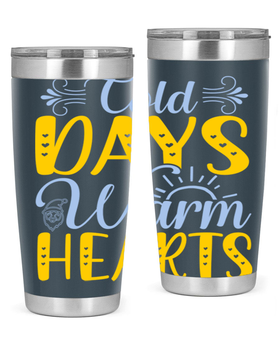 Cold Days Warm Hearts 20oz and 30oz stainless steel tumblers with copper lining, showcasing their sleek design and drink-thru lid.