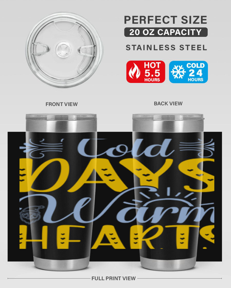 Cold Days Warm Hearts 20oz and 30oz stainless steel tumblers with copper lining, showcasing their sleek design and drink-thru lid.