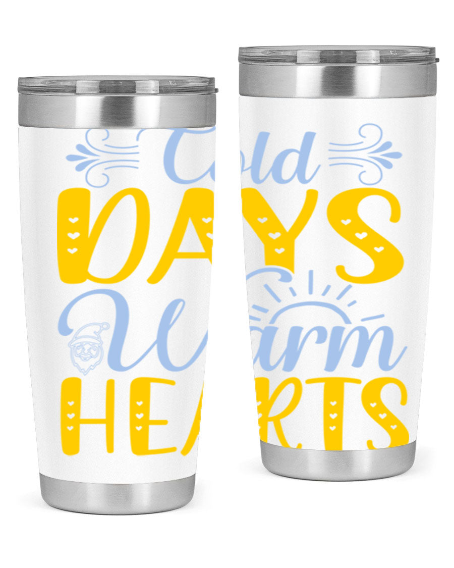Cold Days Warm Hearts 20oz and 30oz stainless steel tumblers with copper lining, showcasing their sleek design and drink-thru lid.