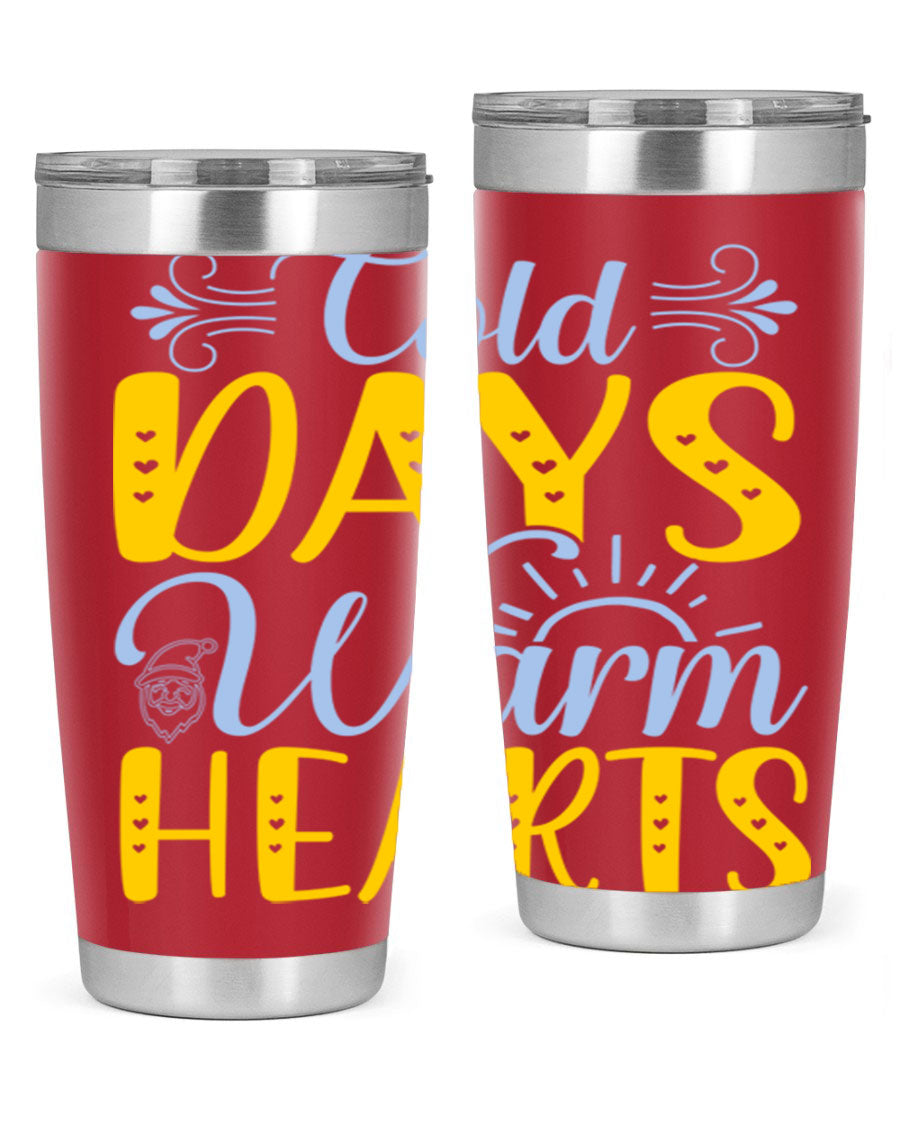 Cold Days Warm Hearts 20oz and 30oz stainless steel tumblers with copper lining, showcasing their sleek design and drink-thru lid.