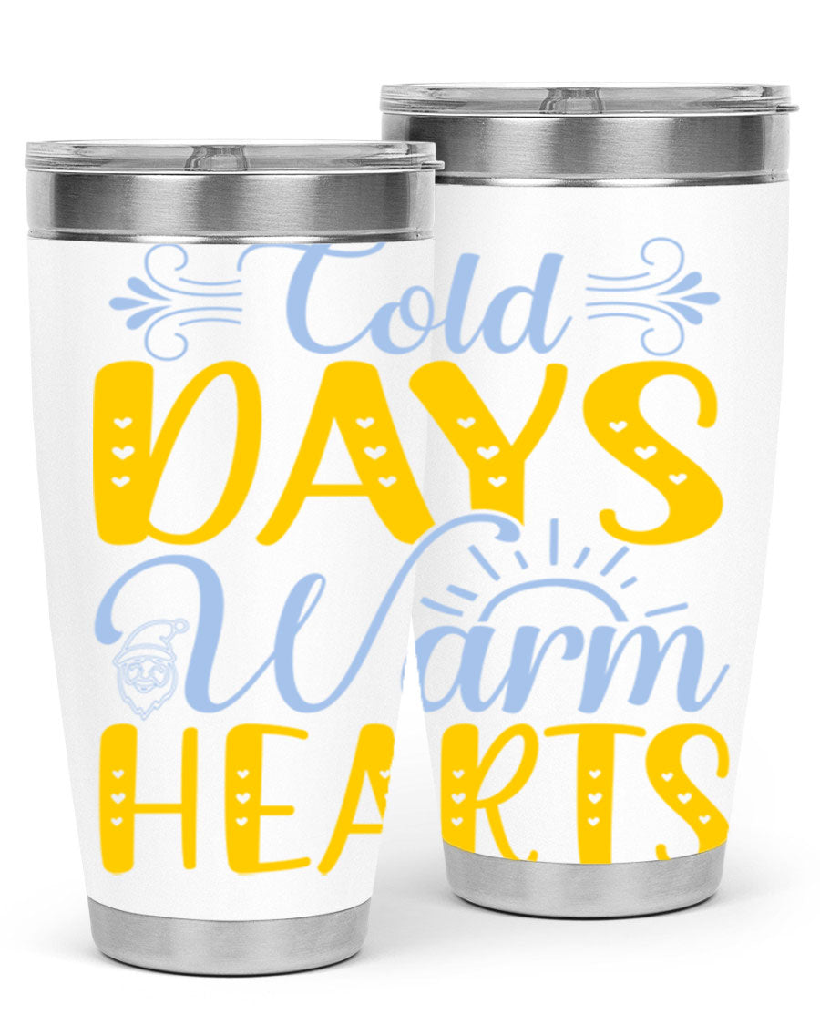 Cold Days Warm Hearts 20oz and 30oz stainless steel tumblers with copper lining, showcasing their sleek design and drink-thru lid.